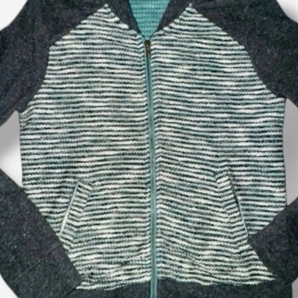 Lucky Brand Sweater Gray Cardigan Striped Mixed Knit Zip-Up Boyfriend Size Small - Picture 3 of 16